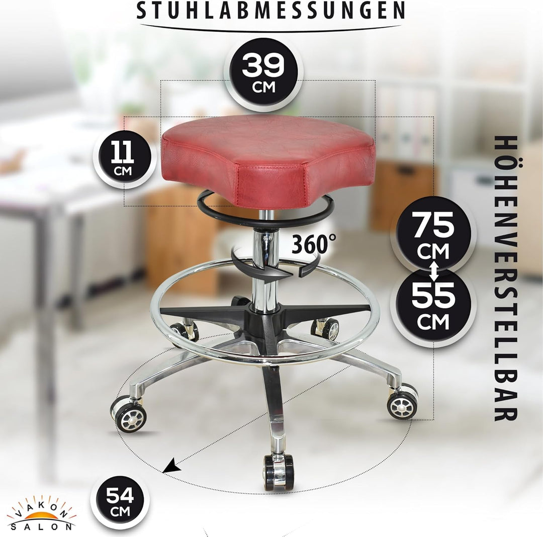 Design ergonomischer Rollhocker auf Rollen Rot - Höhenverstellbarer von 55 bis 75 cm mit Fussring -