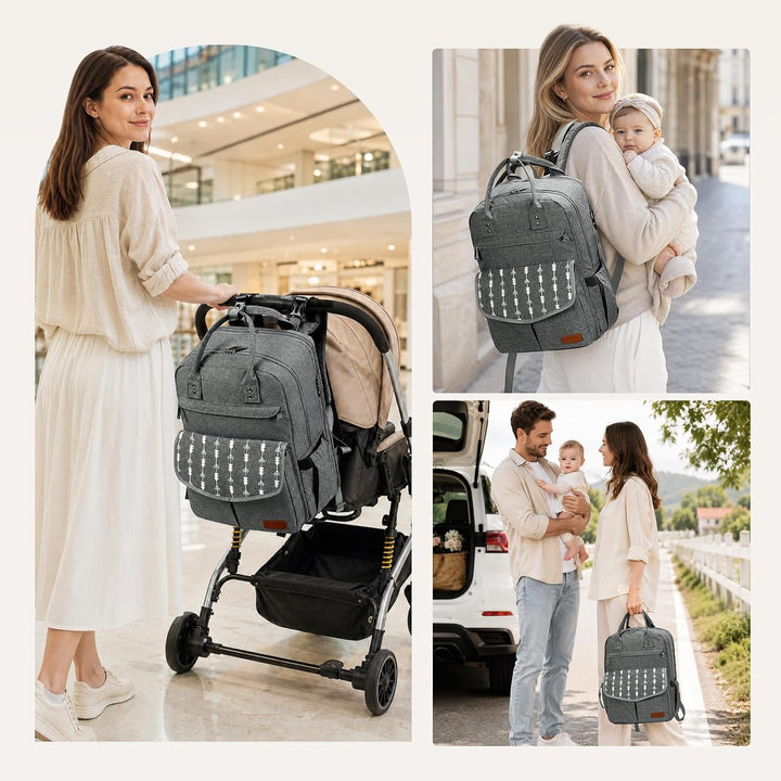 RAINSMORE Wickelrucksack Gross Baby Wickeltasche mit Wickelunterlage Grau | Wasserdichte Wickeltasch