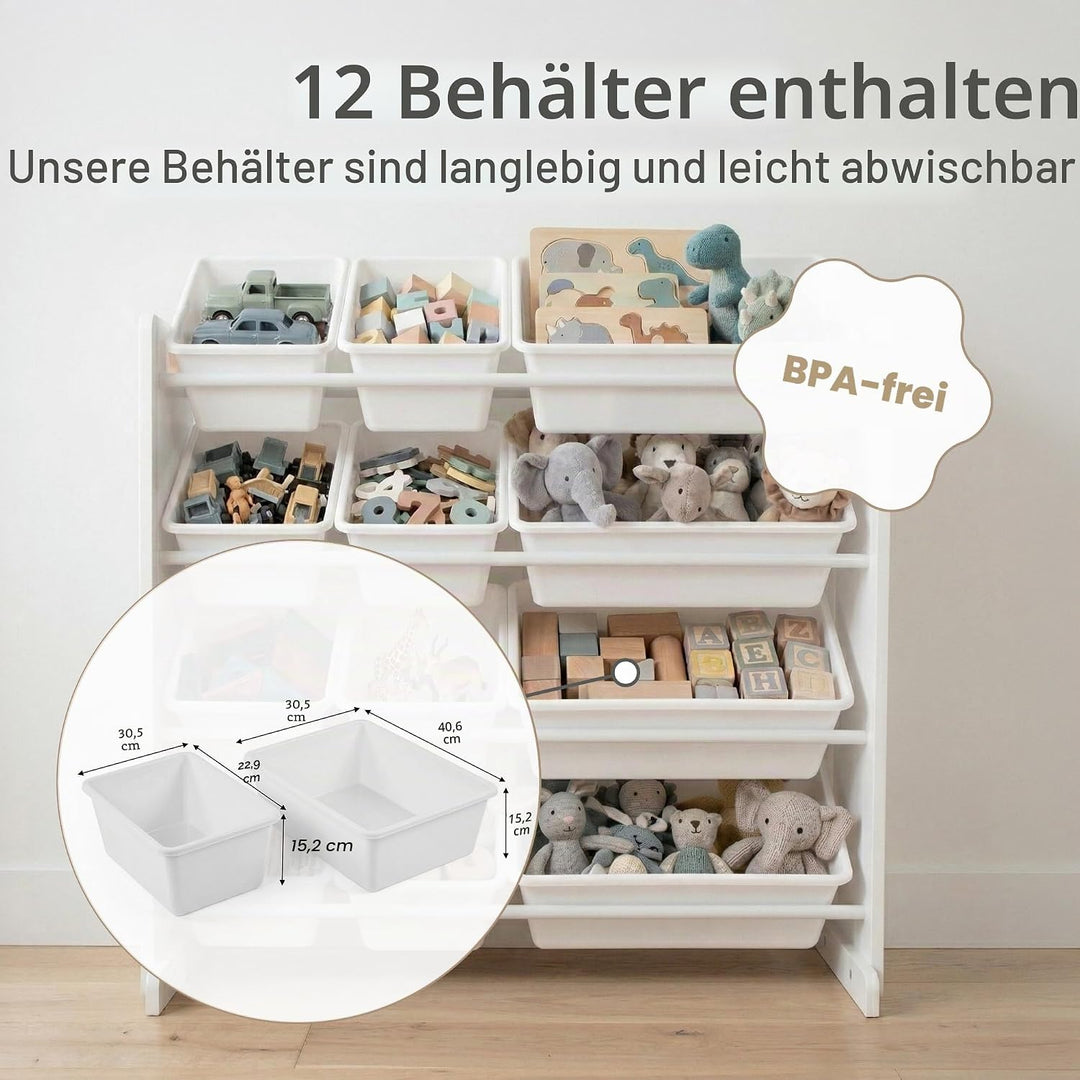 Humble Crew WO565 Kinderregal - Spielzeugregal-Organizer aus Holz mit 12 Aufbewahrungsboxen, Weiss/W