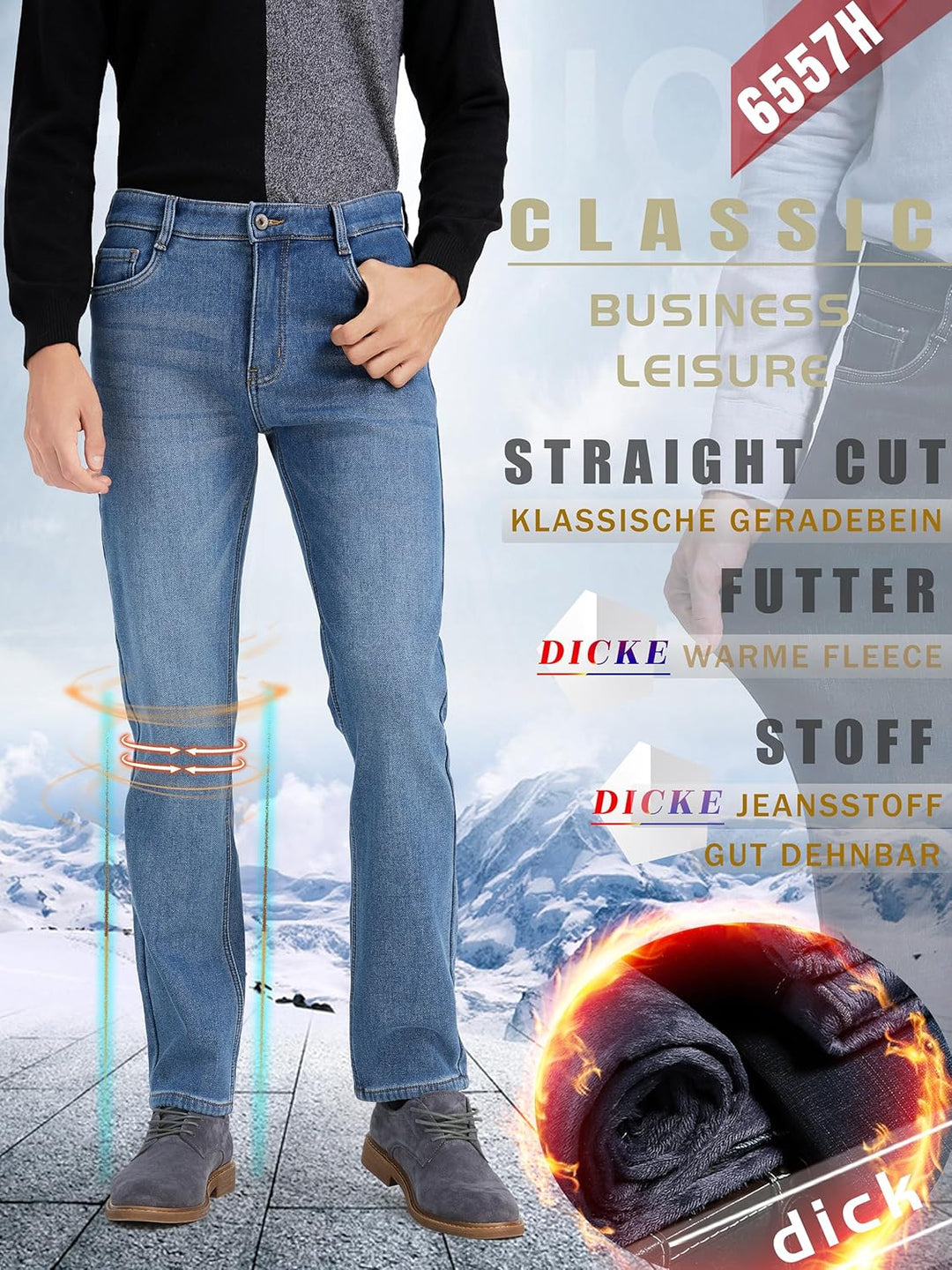 Thermojeans Herren Thermohose Schneehose gefütterte Winterhose Winterjeans mit Fleece gefüttert Hose