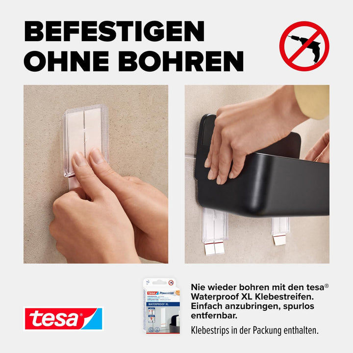 tesa Lavaa Duschkorb M, schwarz matt - Duschablage zur Wandmontage ohne Bohren, inkl. tesa Powerstri