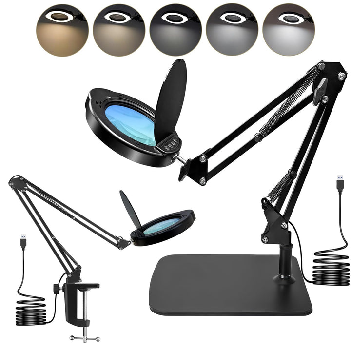 15X Magnifying Glass Desk Lamp with Clamp and Base, Real Glass Lens, 84 LEDs, 5 Color Modes Dimmable