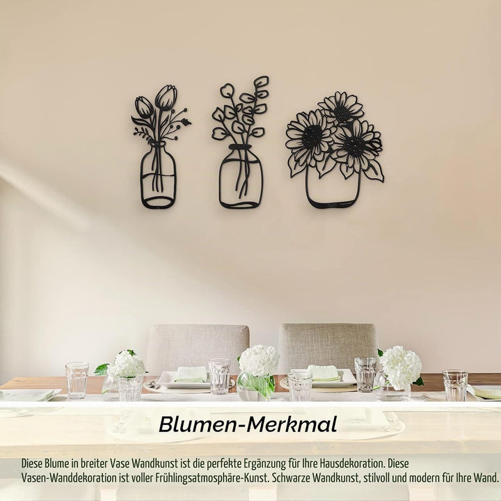 Hotop 3 Stück Metall Blumen Wanddekoration Minimalistische Vase Wandkunst Schwarze Tulpe Draht Eisen