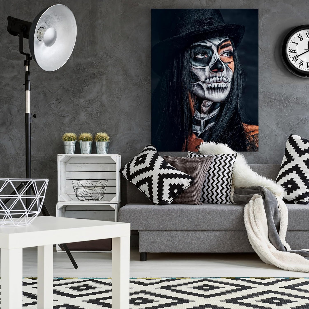 wandmotiv24 Leinwandbild Starke Frauen, Hochformat, Frau mit Totenkopf Makeup M0139 80L x 60B cm Lei