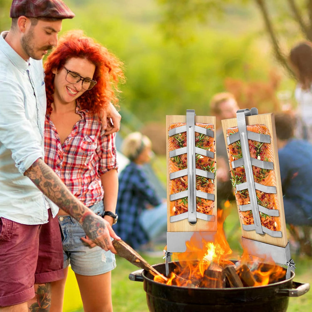 HENGMEI 4er-Set Flammlachsbretter Räucherbrett Flammlachs Brett mit Stabiler Edelstahl-Halterung für