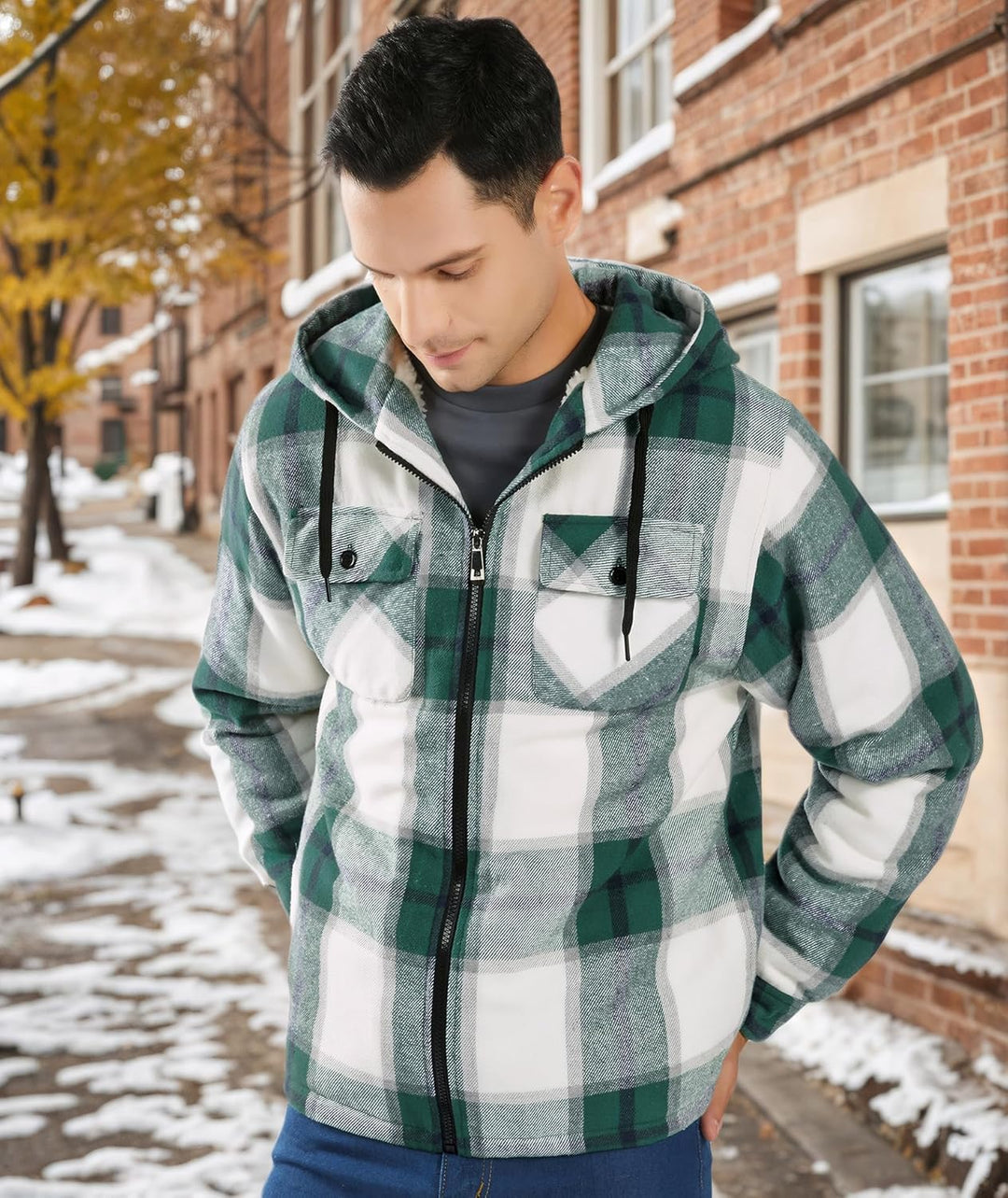 JACKETOWN Hemdjacke Kariertes Herren hoodies Flanelljacke Warm Thermohemd Herren Holzfäller Jacke Ve