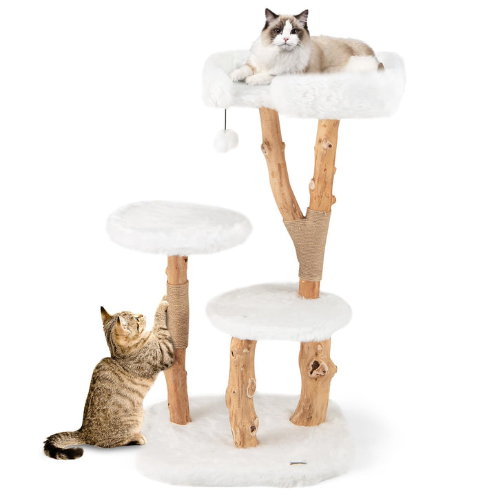 FANTASK Katzenturm Holz, Katzenmöbel mit Spielball & Plüschsitzfläche & 2 Plattformen, Katzenbaum mi