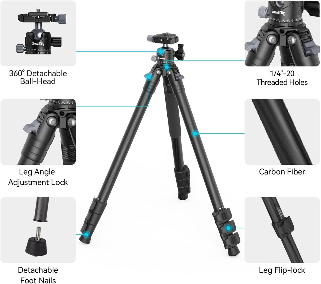 SMALLRIG Leichtes, kompaktes Kohlefaser-Stativ mit abnehmbarem Einbeinstativ, 360°-Kugelkopf mit Sch