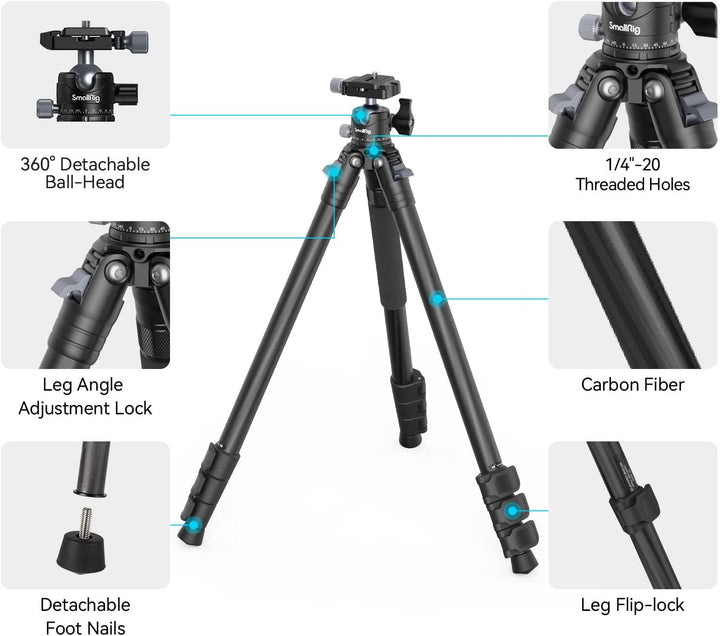 SMALLRIG Leichtes, kompaktes Kohlefaser-Stativ mit abnehmbarem Einbeinstativ, 360°-Kugelkopf mit Sch