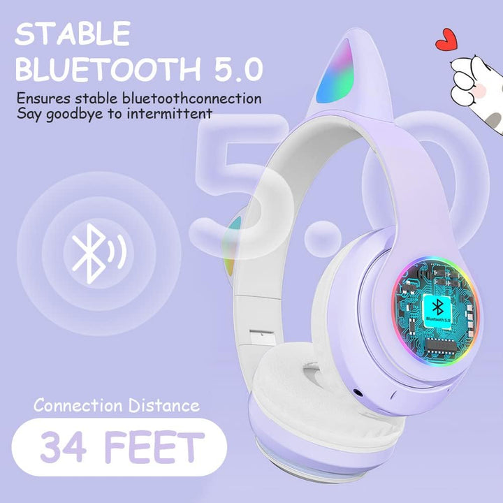 AXFEE Kinderkopfhörer Bluetooth, Katzenohr Over-Ear mit LED-Licht, Faltbar, Stereo, Kabellos mit Mik