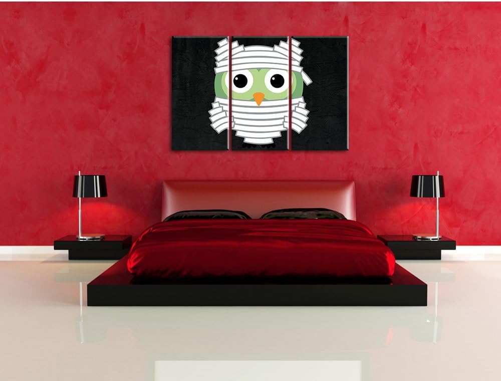 Pixxprint Lustige Mumien Eule als Leinwandbild/Grösse: 3 Teilig (120x80) cm/Wandbild/Kunstdruck/fert