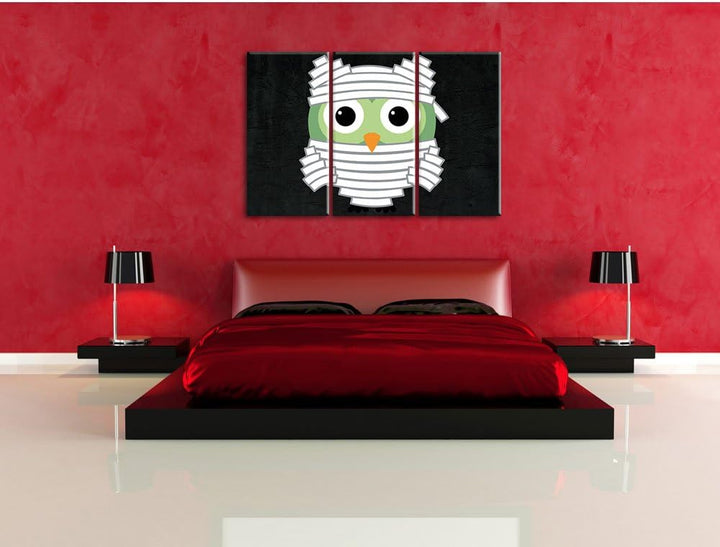 Pixxprint Lustige Mumien Eule als Leinwandbild/Grösse: 3 Teilig (120x80) cm/Wandbild/Kunstdruck/fert