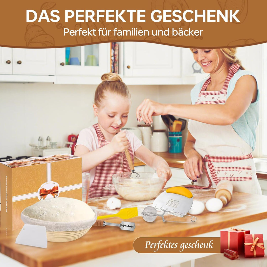 10-teilig Gärkorb Brot Set, 23cm Gärkörbchen zum Brotbacken, Sauerteig Starter Set, Brot Backen Zube