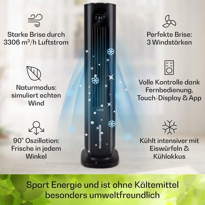 Klarstein Polar Tower Smart – Luftreiniger, Ionisator, WLAN: App-Steuerung, 85 W, 3306 m³/h, 4 Gesch