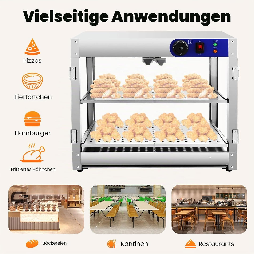 2 Etagen Warmhaltevitrine, 800W Edelstahl Vitrine Heisse Theke Gewerblicher Speisenwärmer, Wärmebehä