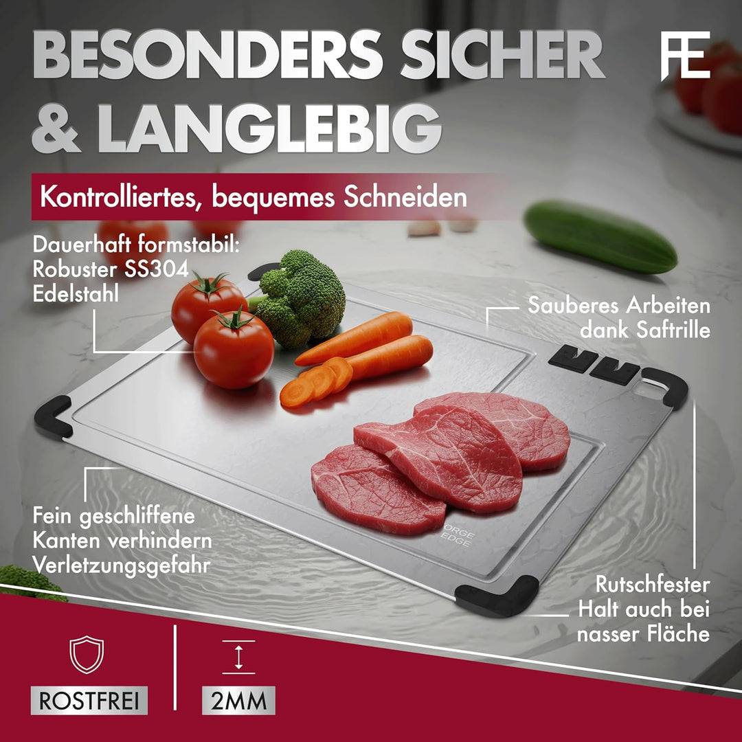 FORGE & EDGE Schneidebrett Edelstahl - Premium cutting board mit integriertem Messerschärfer, Saftri