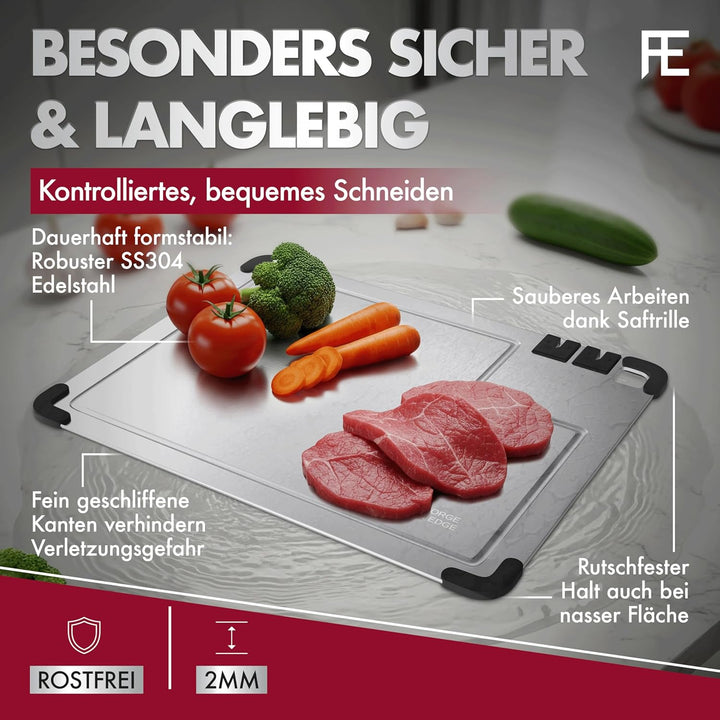 FORGE & EDGE Schneidebrett Edelstahl - Premium cutting board mit integriertem Messerschärfer, Saftri