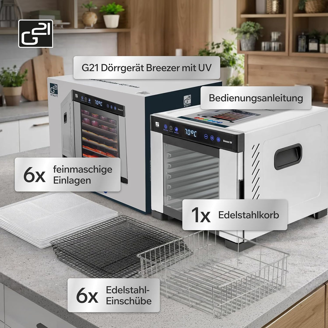 Dörrautomat/Obsttrockner G21 Breezer mit UV-Funktion, Edelstahl, 650 W, Zeitschaltuhr, 6 Trockenplat