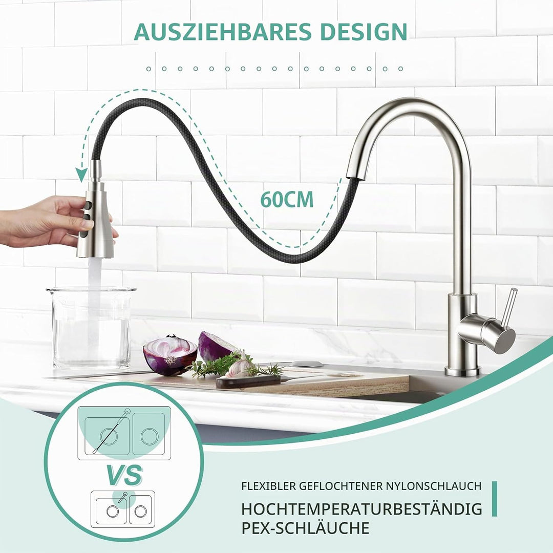 CREA Hochdruck Wasserhahnküche, Küchenarmatur mit 3 Funktionen Brause, Mischbatterie, Ausziehbar, 36