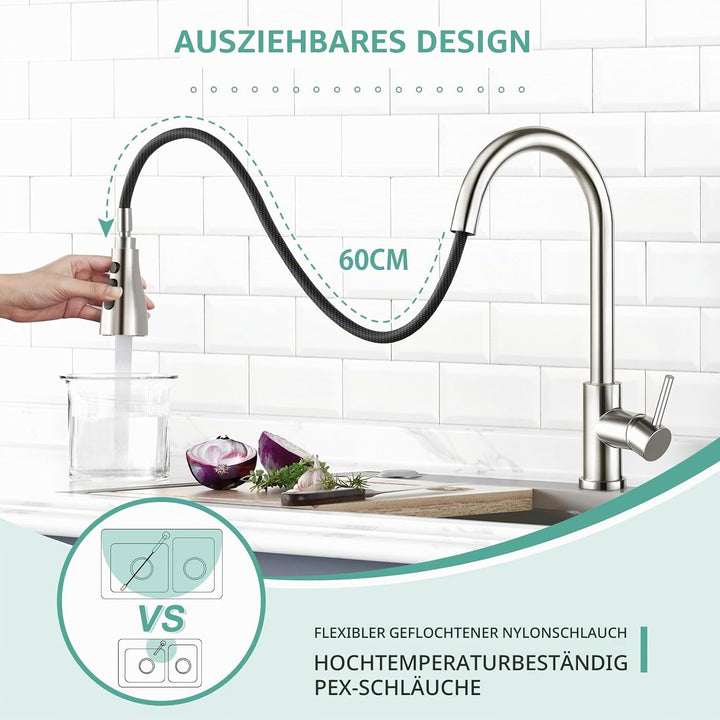 CREA Hochdruck Wasserhahnküche, Küchenarmatur mit 3 Funktionen Brause, Mischbatterie, Ausziehbar, 36