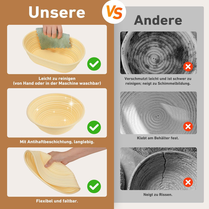 Sauerteig Starter Set 18-teilig,klappbare Silikon Gärkörbe rund+oval | 2 Körbe (rund 23/oval 25 cm),