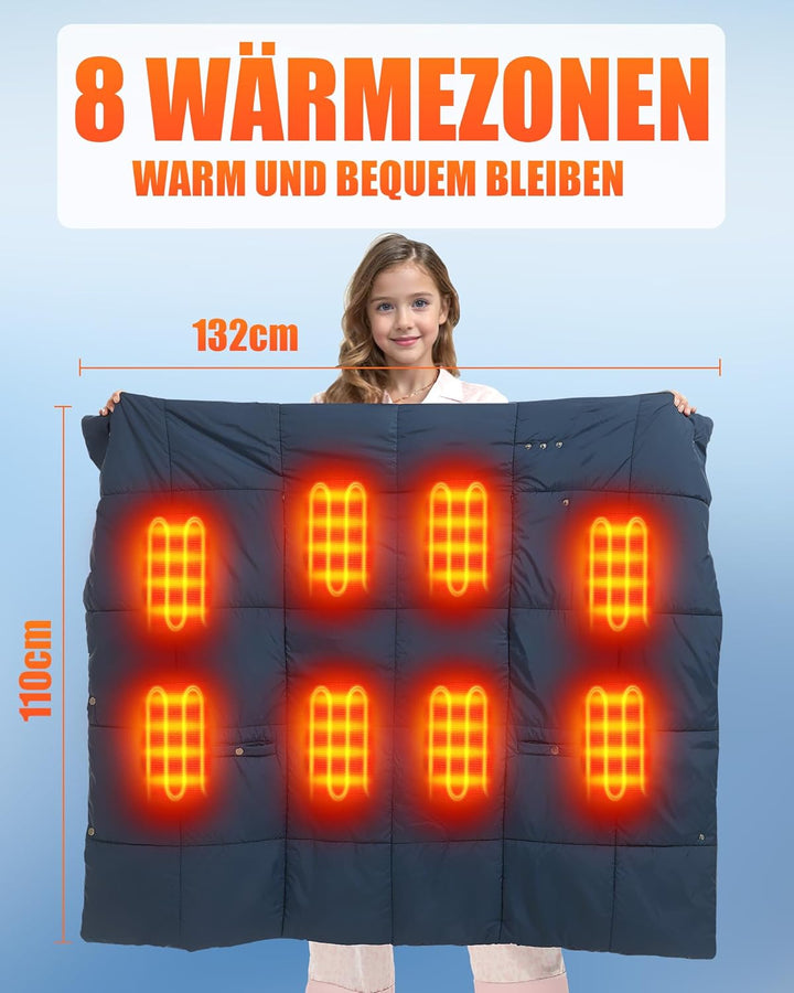 Kinder Heizdecke mit Akku Kabellos – 7,4V DC 10000mAh Tragbare Elektrische Wärmedecke mit 8 Heizzone