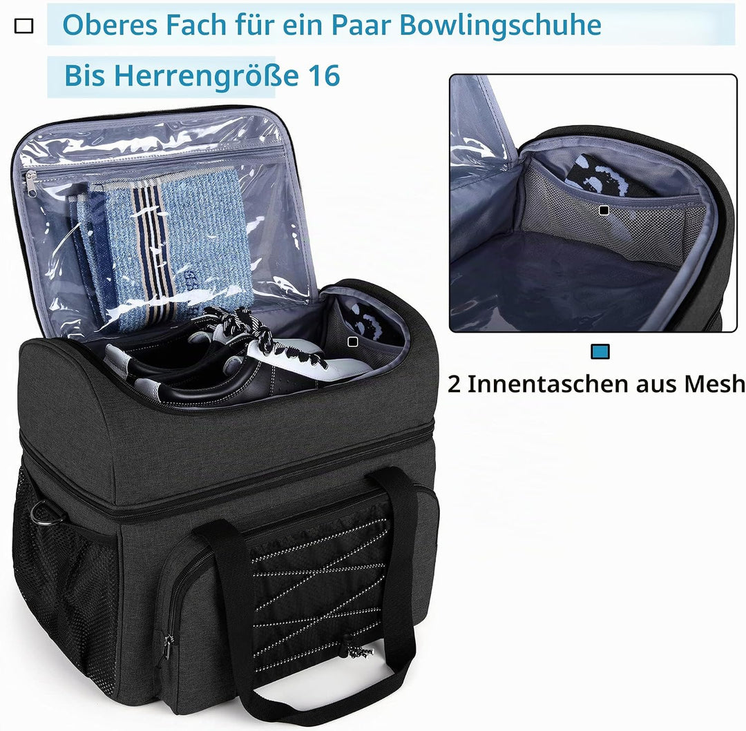 DSLEAF Bowlingtasche für 2 Bälle mit Holzballhalter und gepolsterter Trennwand, EIN Paar Bowlingschu