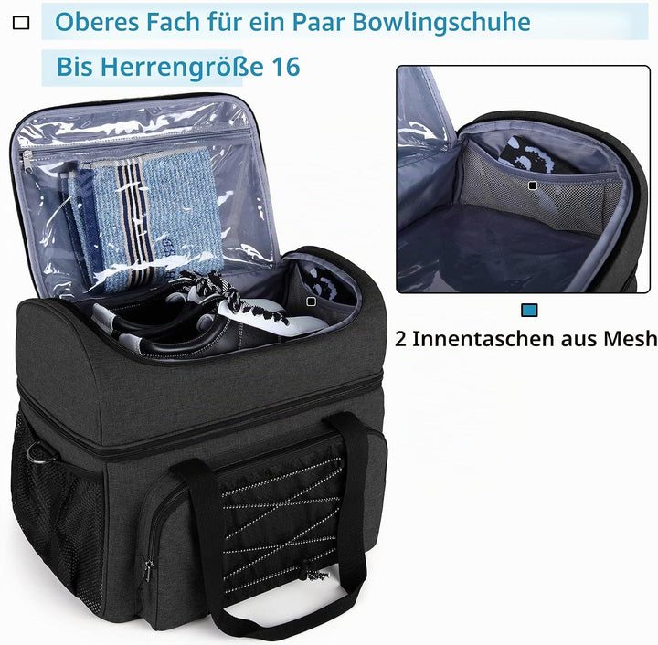 DSLEAF Bowlingtasche für 2 Bälle mit Holzballhalter und gepolsterter Trennwand, EIN Paar Bowlingschu