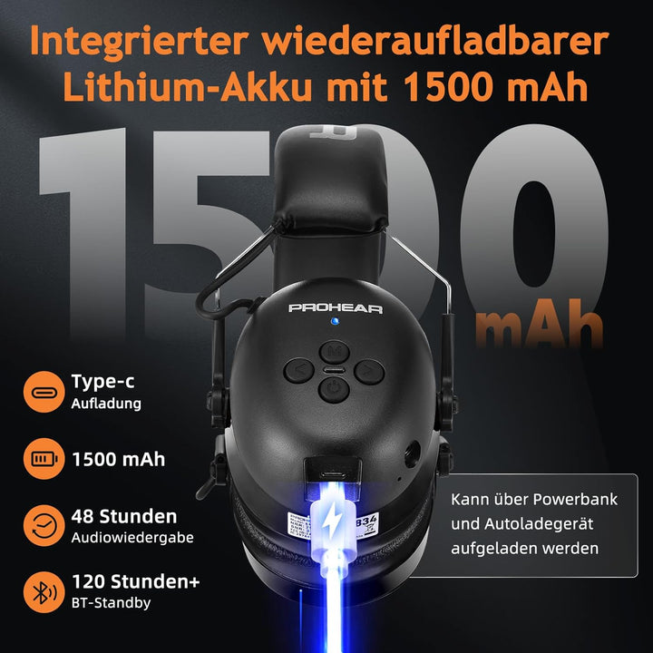 PROHEAR 037 Gehörschutz mit Bluetooth, BT 5.1-Technologie Kopfhörer mit Eingebautem Mikrofon und Lär