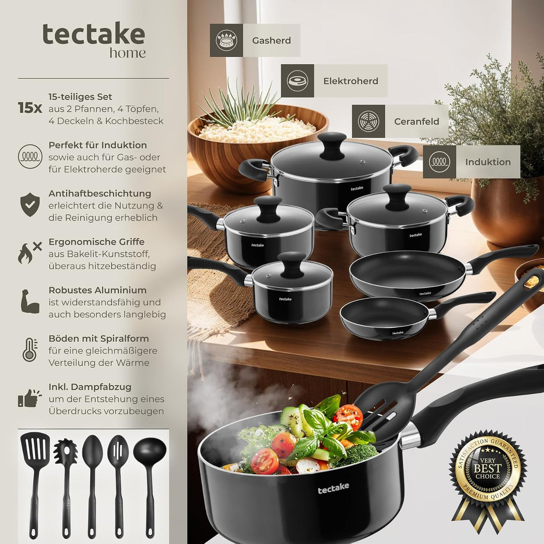 tectake® 15tlg Set mit 5x Küchenhelfer, 2x Pfanne, 4x Topf, jeweils mit Deckel, Kochtopf Set Antihaf