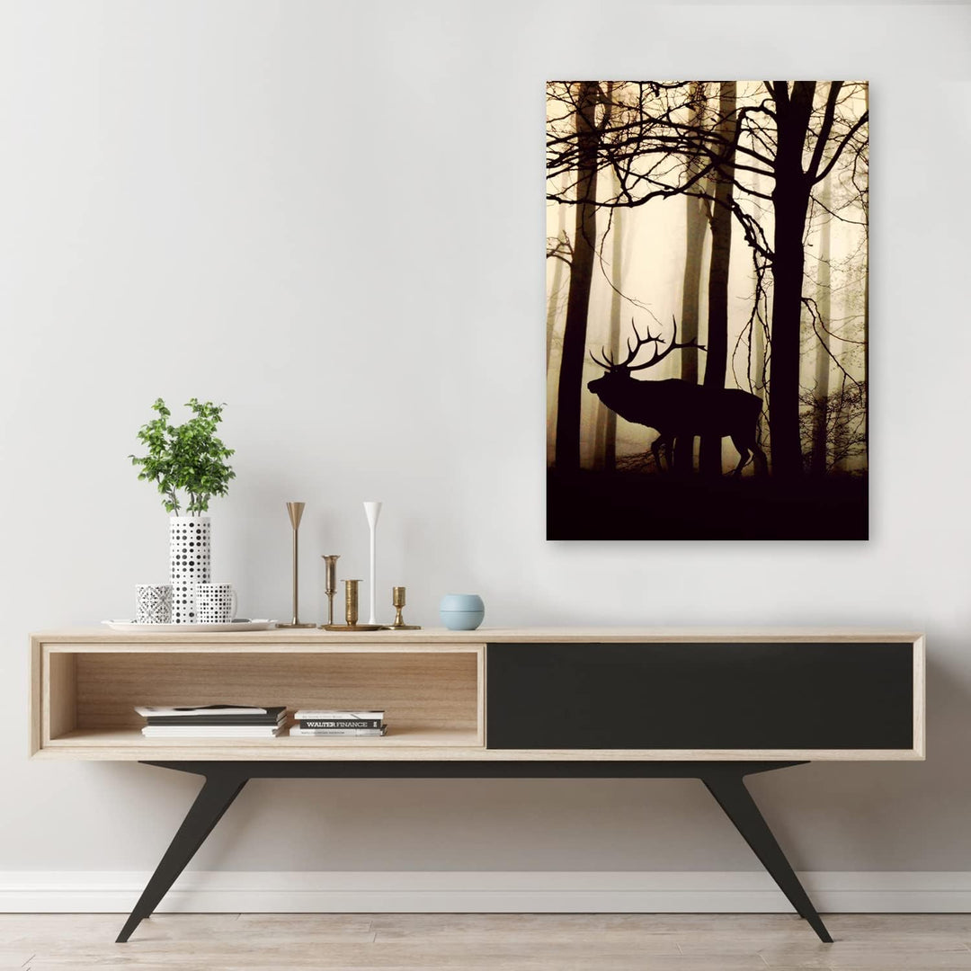 Feeby Bilder Hirsch Wald Nebel XXL 80x120 cm 1Teilig Wohnzimmer Schlafzimmer Modern Wandbilder Vlies