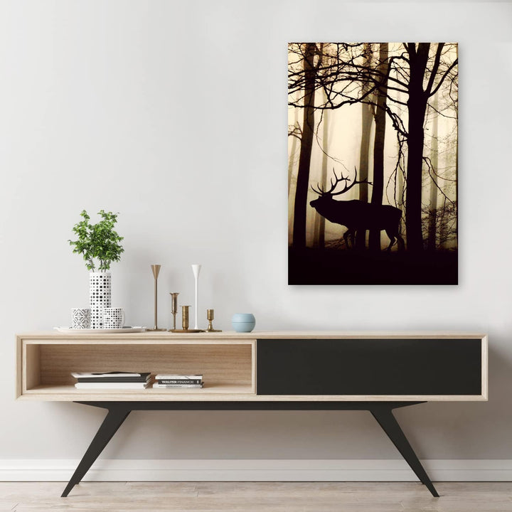 Feeby Bilder Hirsch Wald Nebel XXL 80x120 cm 1Teilig Wohnzimmer Schlafzimmer Modern Wandbilder Vlies