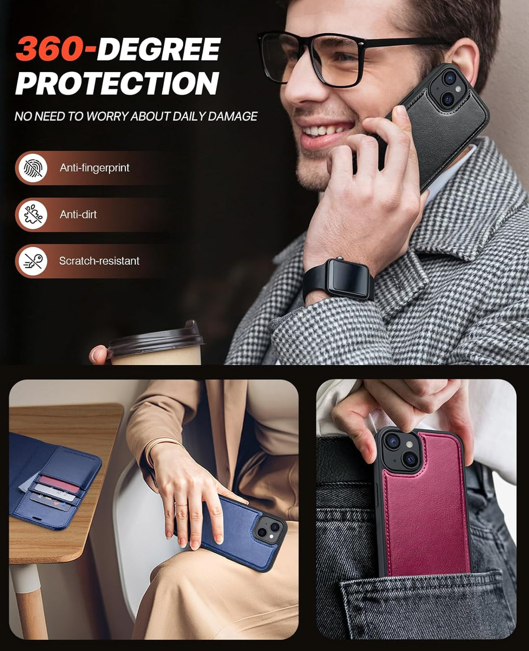 OCASE iPhone 15 Plus Hülle(2in1) Leder Stossfestes Case [Abnehmbare magnetische Hülle] [Kabelloses L