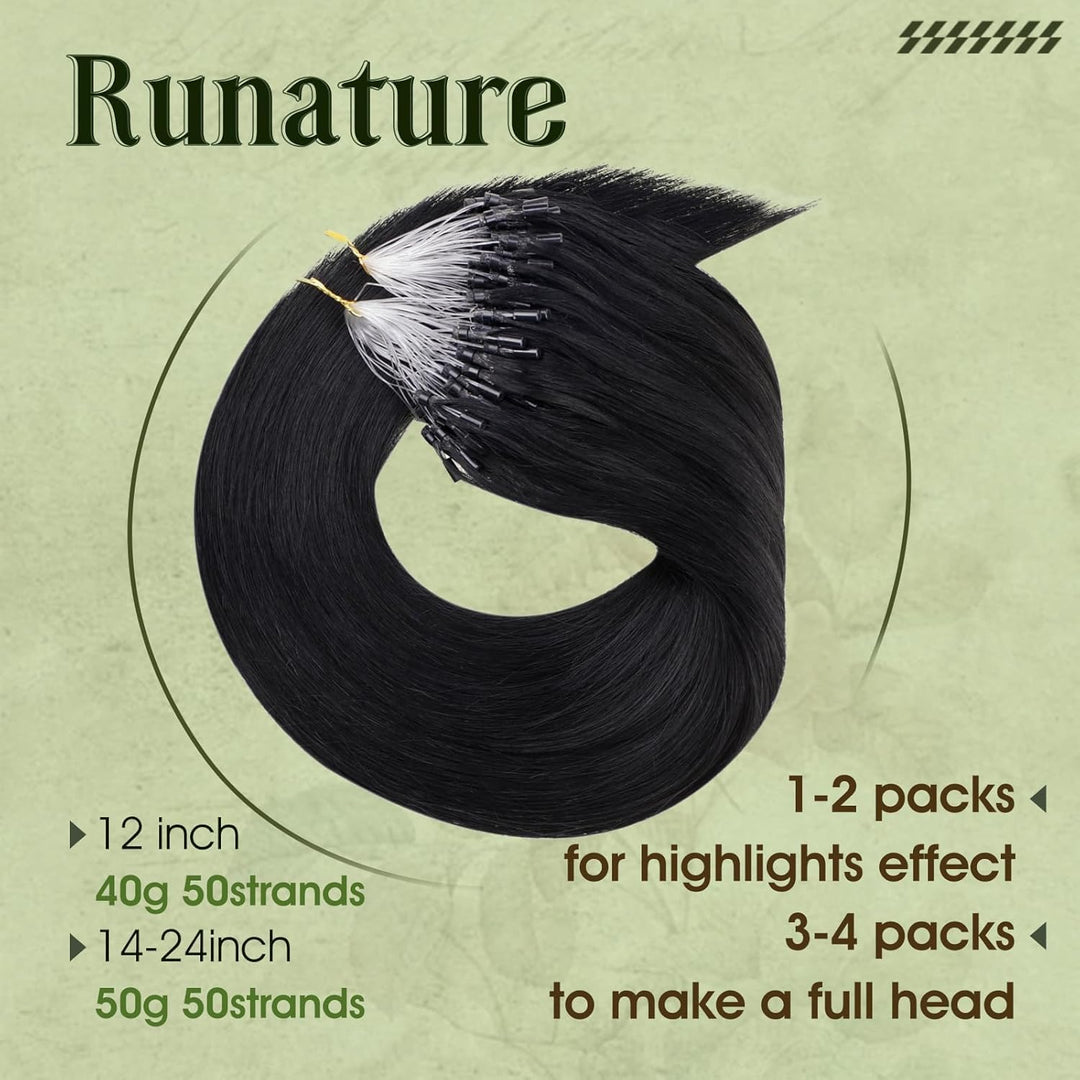 RUNATURE Microring Extensions Echthaar Schwarz 50cm 50 Strähne Unsichtbare Haarverlängerung Echthaar