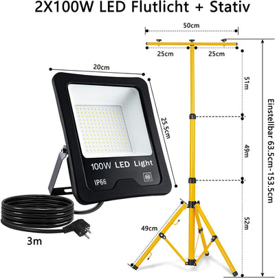 Aufun LED Baustrahler 2x 100W Strahler Kaltweiss mit Stativ und 3M Kabel LED Fluter Arbeitsscheinwer