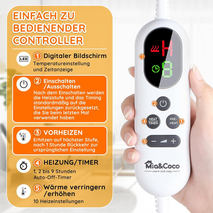 Mia&Coco Heizdecke mit Abschaltautomatik, 10 Heizstufen Up-to-9 Stunden Auto-Off-Timer Überhitzungss