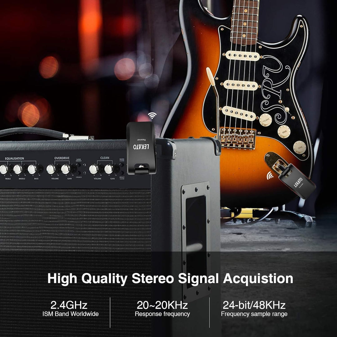 LEKATO Stereo 2.4GHZ Guitar Wireless System Wiederaufladbarer Gitarrensender Empfänger für Gitarren,