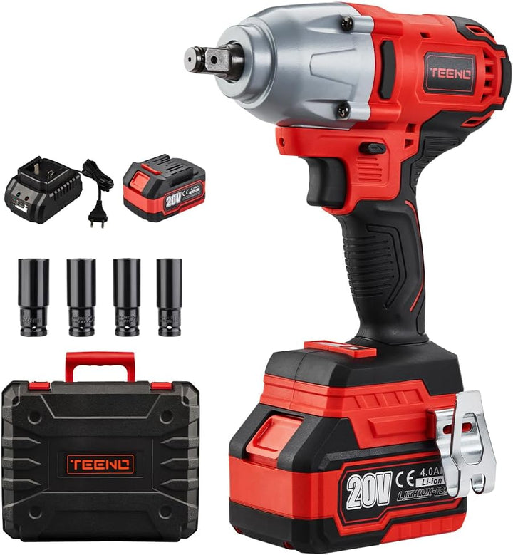 TEENO Bürstenloser Akku Schlagschrauber 1/2 Zoll 20 V,Lithium-Ionen Akkus 4,0 Ah, 4 Steckschlüsselei