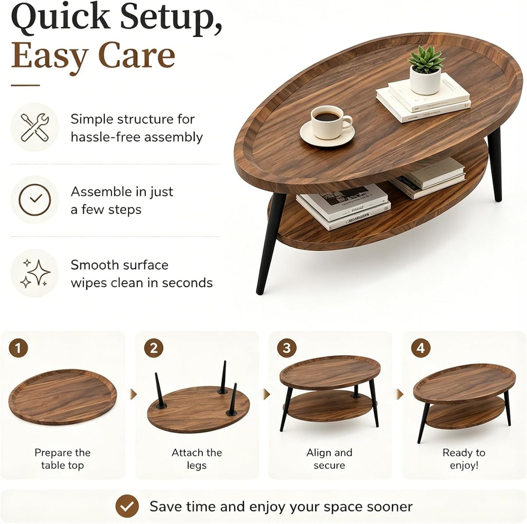 Couchtisch Oval Holz | Wohnzimmer Tisch für Couch | Wohnzimmertisch mit Stauraum | Einfacher Aufbau