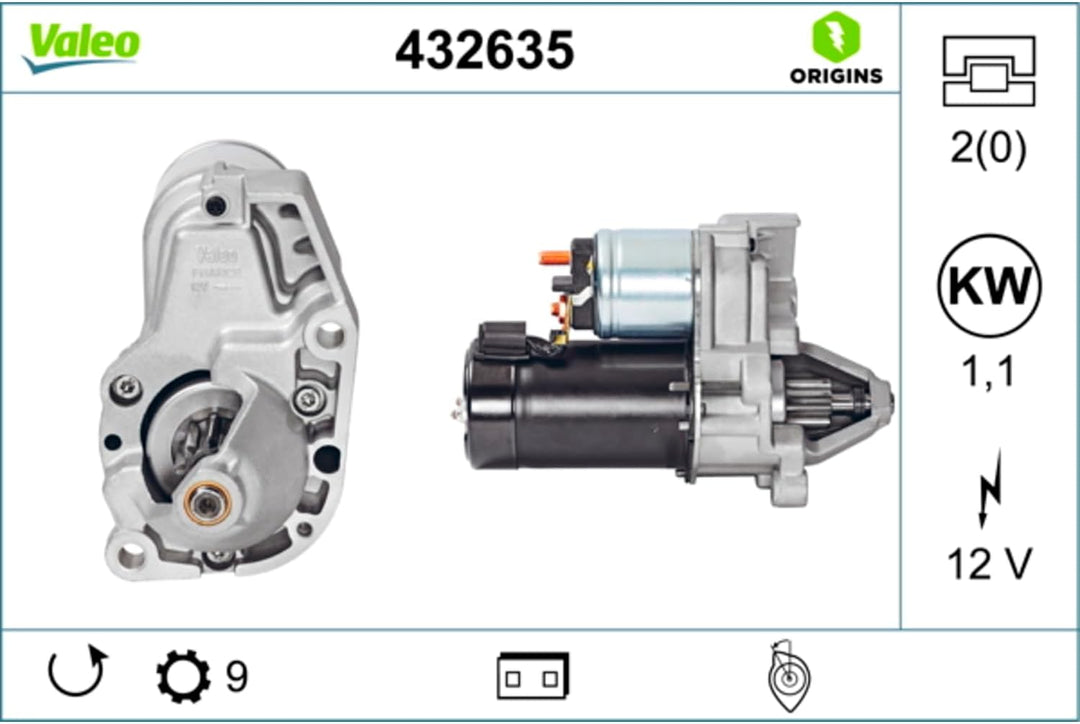VALEO 432635 Starter Nennleistung: 1,1 kW Stop & Start: NO Zähnezahl: 9 zähne Spannung: 12 V Drehric