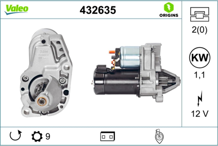VALEO 432635 Starter Nennleistung: 1,1 kW Stop & Start: NO Zähnezahl: 9 zähne Spannung: 12 V Drehric