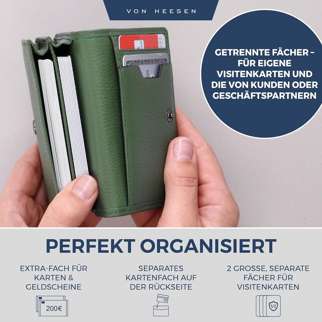 VON HEESEN® Visitenkartenetui Leder mit RFID-Schutz - Platz für 50 Visitenkarten - 6 Fächer - Visite