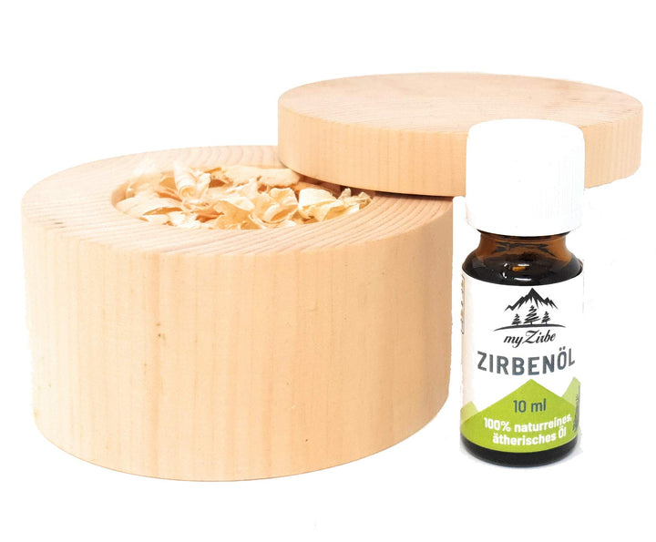 Zirben Duftset mit Zirbeholz Schale verschliessbar, Zirbenspänen aus 100% Alpen Zirbenholz und 10ml