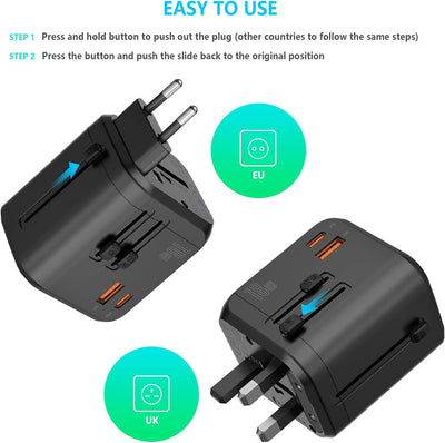 BYGD Reiseadapter Weltweit, Universal Steckdosenadapter Mit 3 USB Ports und AC, Reisestecker Adapter