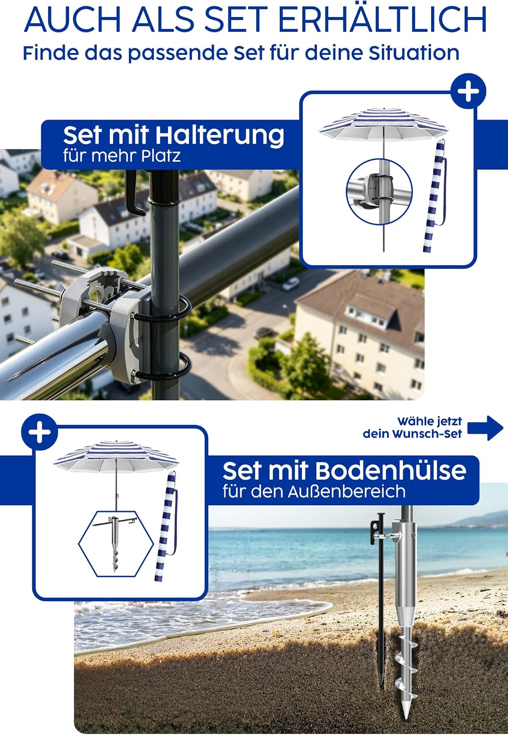 4smile Sonnenschirm Strand SunnyJoy, Blau-Weiss - UPF 50+ Strandschirm Ø 180 cm, sicherer Sonnenschu