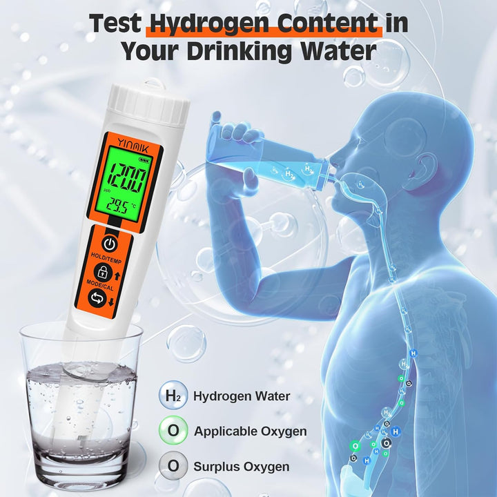 Wasserstoff Wassertester, YINMIK Wasserstoff Wasserflasche, Digitales 4 in 1 pH ORP Messgerät und Wa