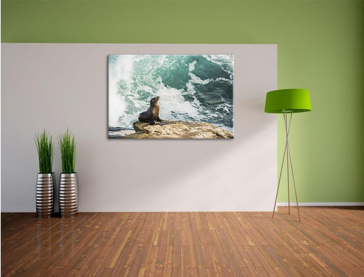 süsse Robbe sonnt sich, Format: 100x70 auf Leinwand, XXL riesige Bilder fertig gerahmt mit Keilrahme