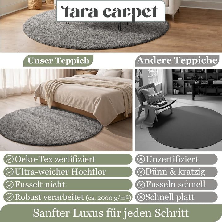 Taracarpet Shaggy Teppich Wohnzimmer Venezia Hochflor Langflor Teppiche modern Anthrazit 120 cm rund