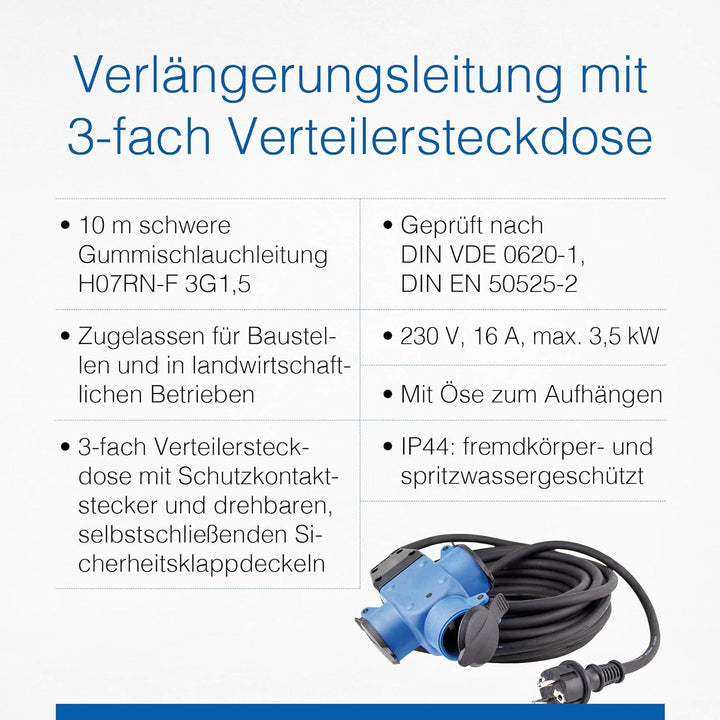 as - Schwabe 62059 3-fach Gummi-Verteilersteckdose, blau, IP44 Gewerbe, Baustelle,10 Meter
