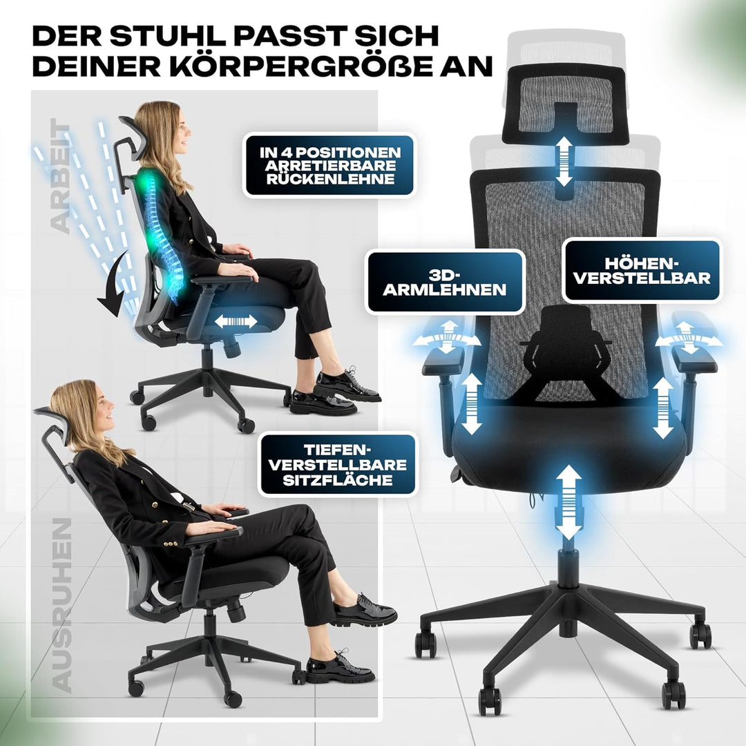 VALKENSTOL M3 Pro Ergonomischer Bürostuhl 150 kg Schwarz – [Höhenverstellbare Lordosenstütze] Schrei